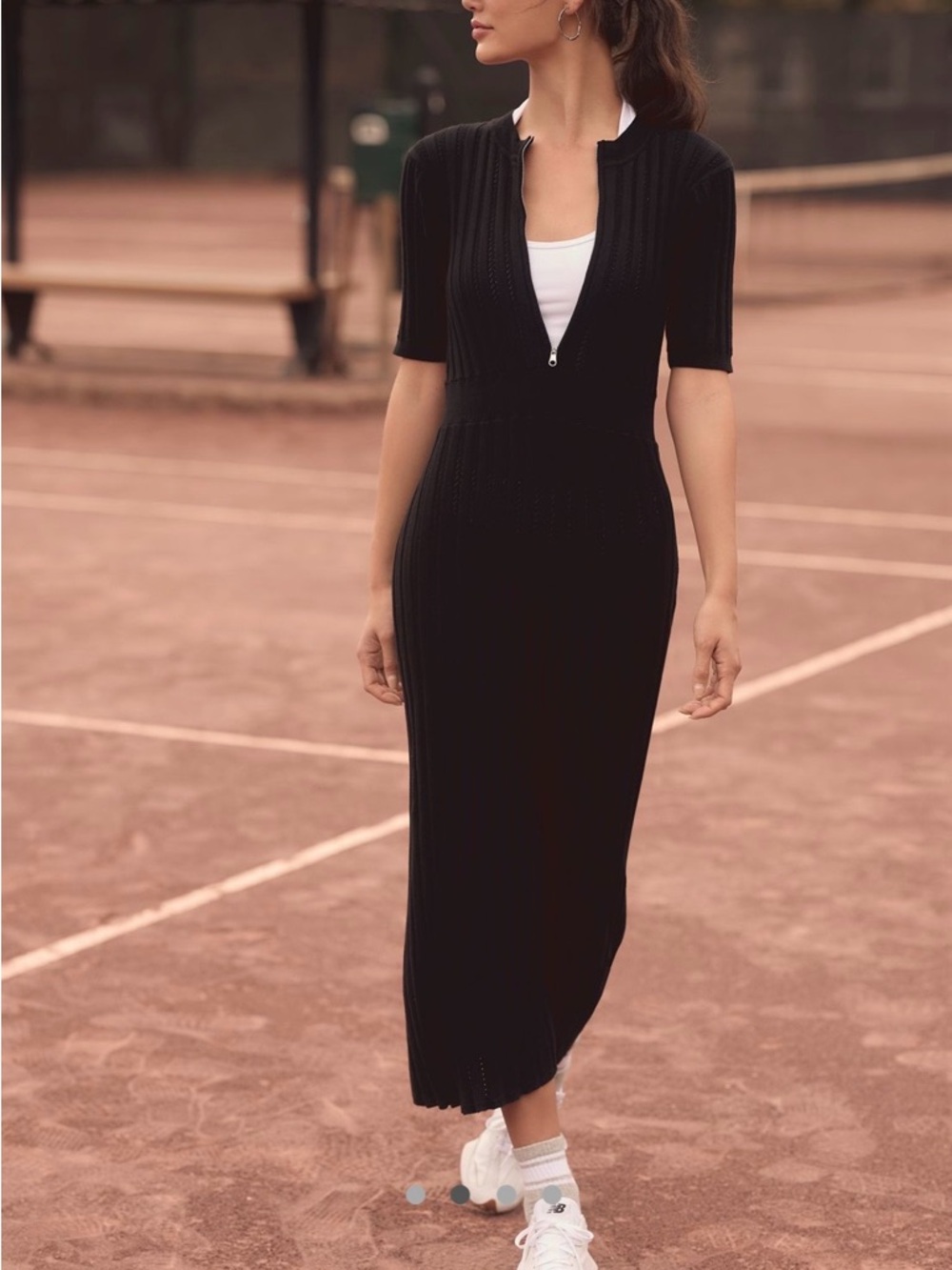 Varley Black Ribbed Knit Zip-Front Midi Dress
